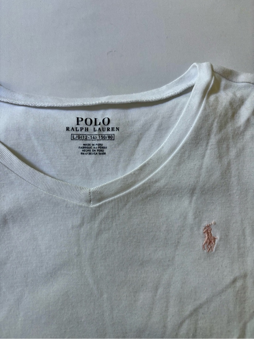 Polo by Ralph Lauren White V-Neck Tee with Light Pink Pony Logo